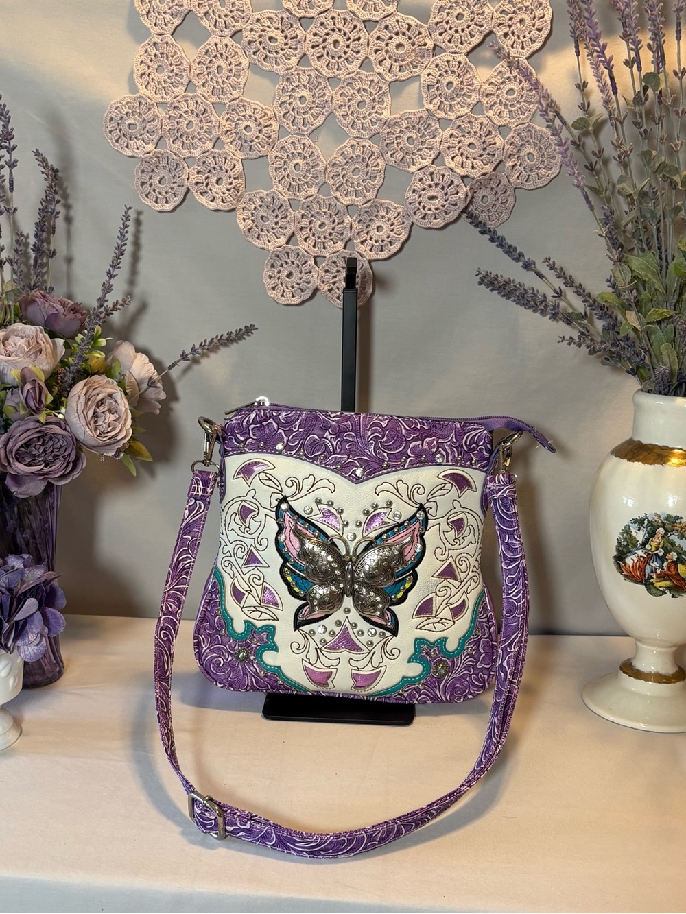 Cowgirl Trendy Purple Butterfly Embellished Crossbody Bag